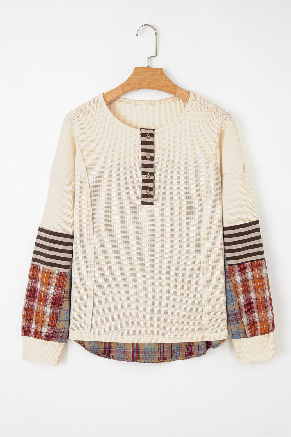 Straw Yellow Waffle Stripe Plaid Patchwork Henley Knit Top