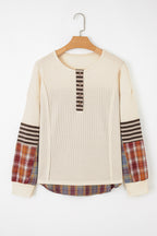 Straw Yellow Waffle Stripe Plaid Patchwork Henley Knit Top