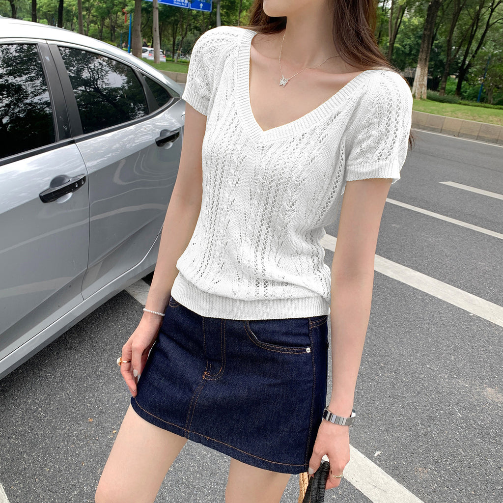 Seductive Unique Hollow Semi-Transparent V-Neck Knit Short Sleeve T-Shirt Fit Slimming Top