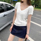 Seductive Unique Hollow Semi-Transparent V-Neck Knit Short Sleeve T-Shirt Fit Slimming Top