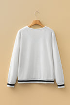 White Textured Knit Preppy Striped Trim V Neck Pullover Waffle Top