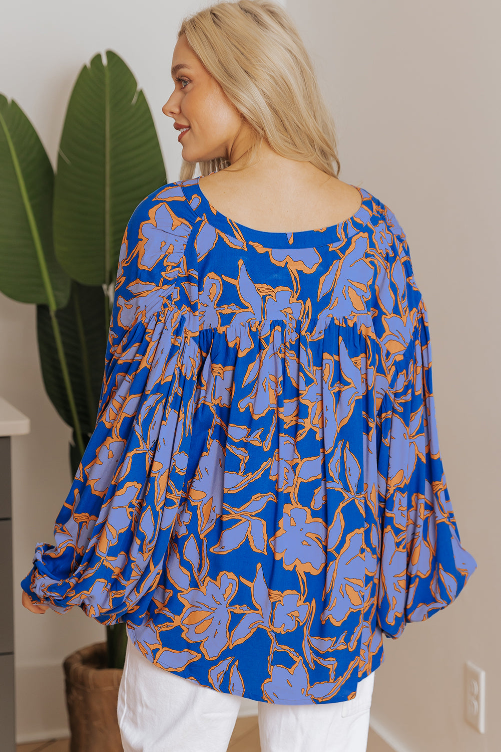 Gray Morn Floral Print Batwing Sleeve Buttoned Loose Fit Shirt