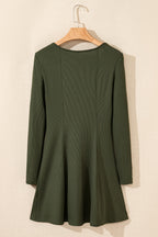 Guacamole Green Rib Knit Square Neck Buttoned Long Sleeve Mini Dress