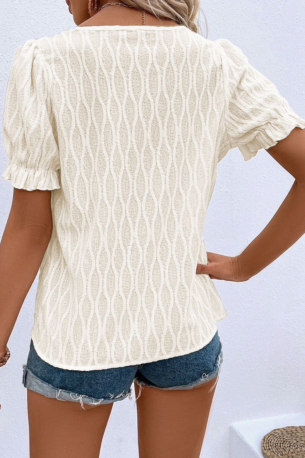 Black Solid Color Textured Notched Neck Puff Sleeve Blouse