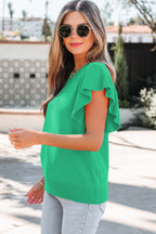 Sachet Pink Solid Color Ribbed Trim Round Neck Ruffle Short Sleeve Sweater