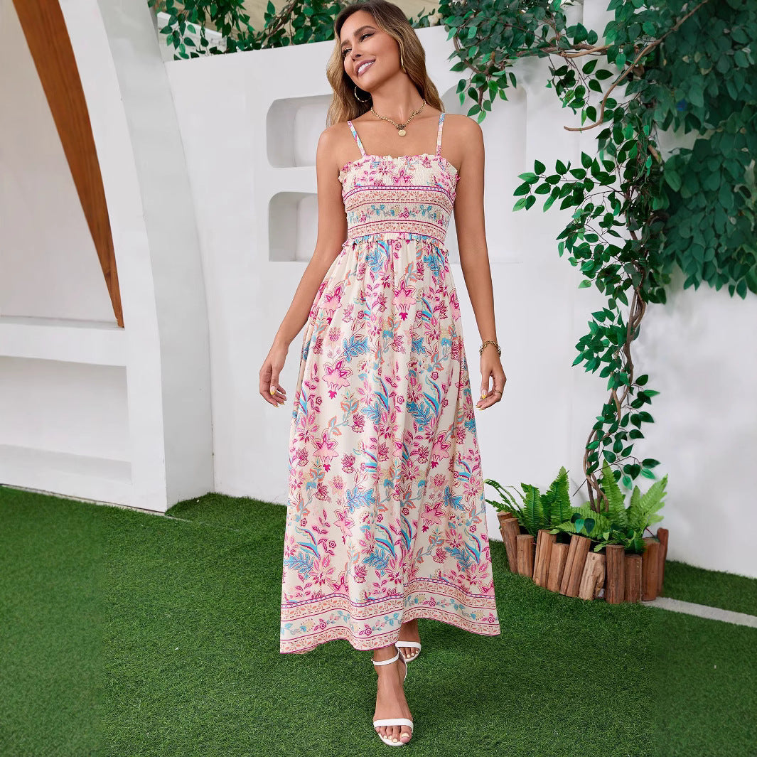 Real Shot Ethnic Print Bohemian Tie-up Backless Dress Beach Summer Strap Long Dress