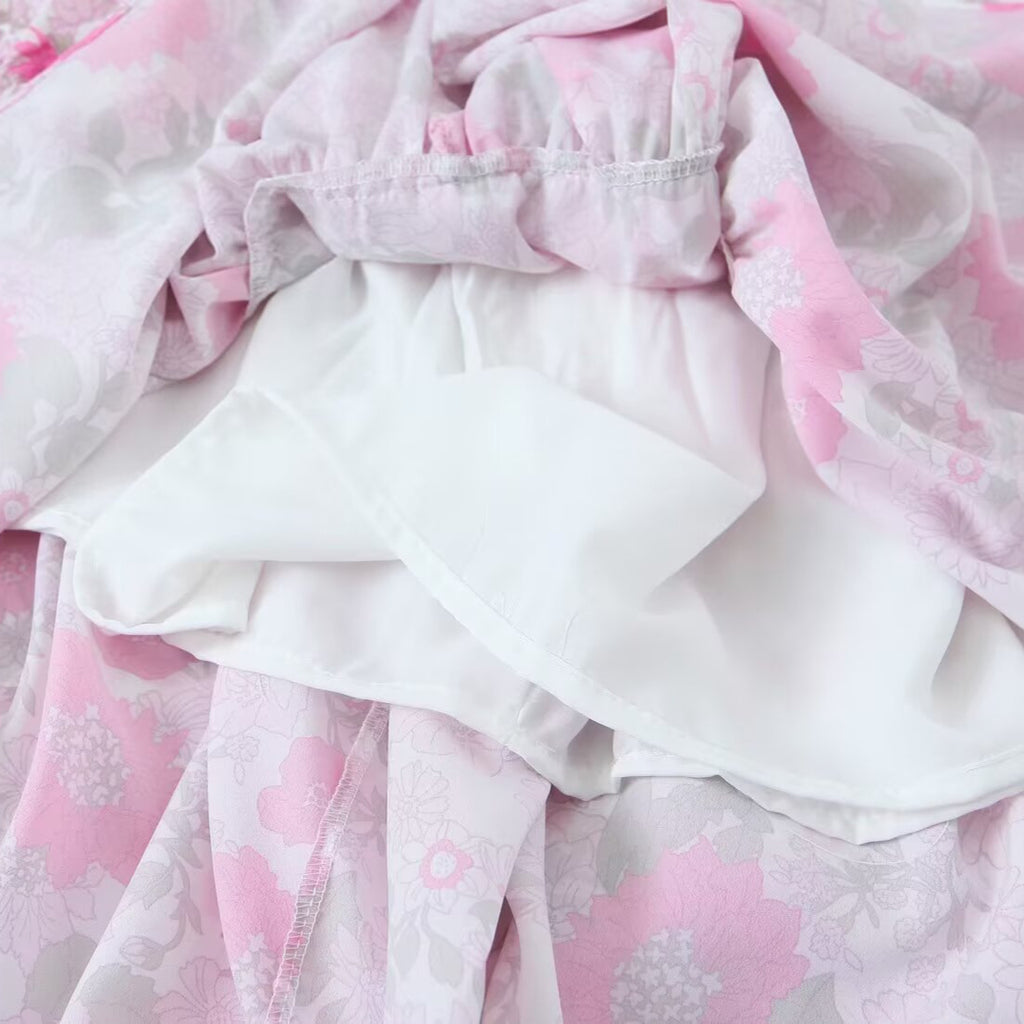 Style Women's Dress with Bubble Sleeves, Pink Floral Print, Fitted Waist Design