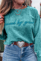 High-rise saved by grace Letter Embroidery Mineral Wash Loose Sweatshirt