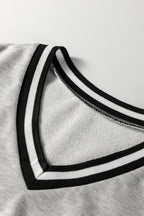 Light Grey Striped Trim V Neck Long Sleeve Preppy T Shirt Dress