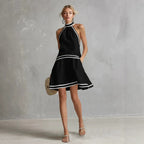 Choker Neck Fashion Short Dress with Striped Trim, Comfortable Sleeveless Fitted Dress