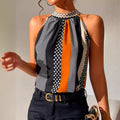 Fashionable Style Printed Off-Shoulder Stand-Up Collar Halter Top