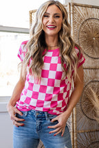 Rose Check Pattern Cap Sleeve Knitted Sweater