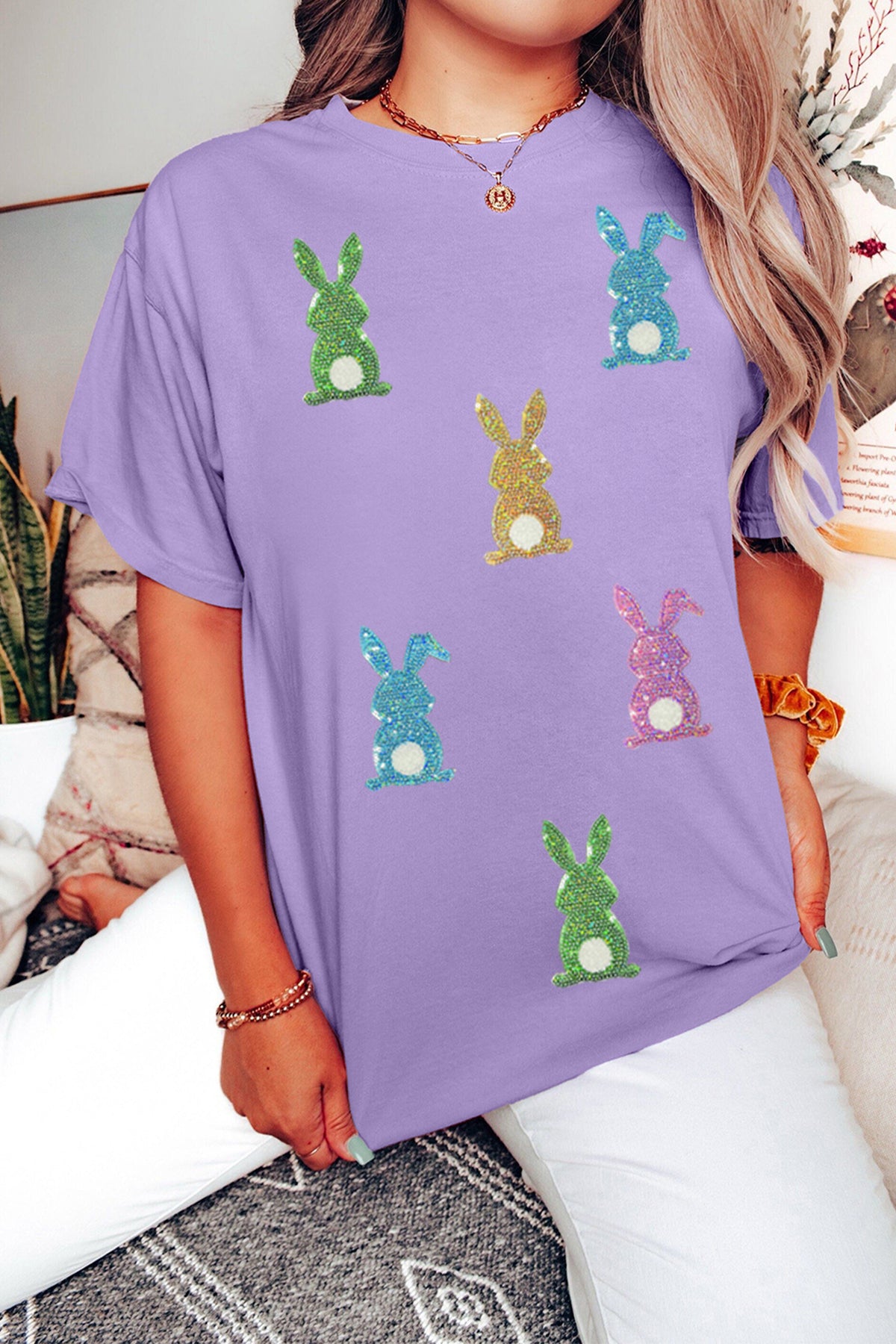 Wisteria Sequin Easter Bunny Patched Tee