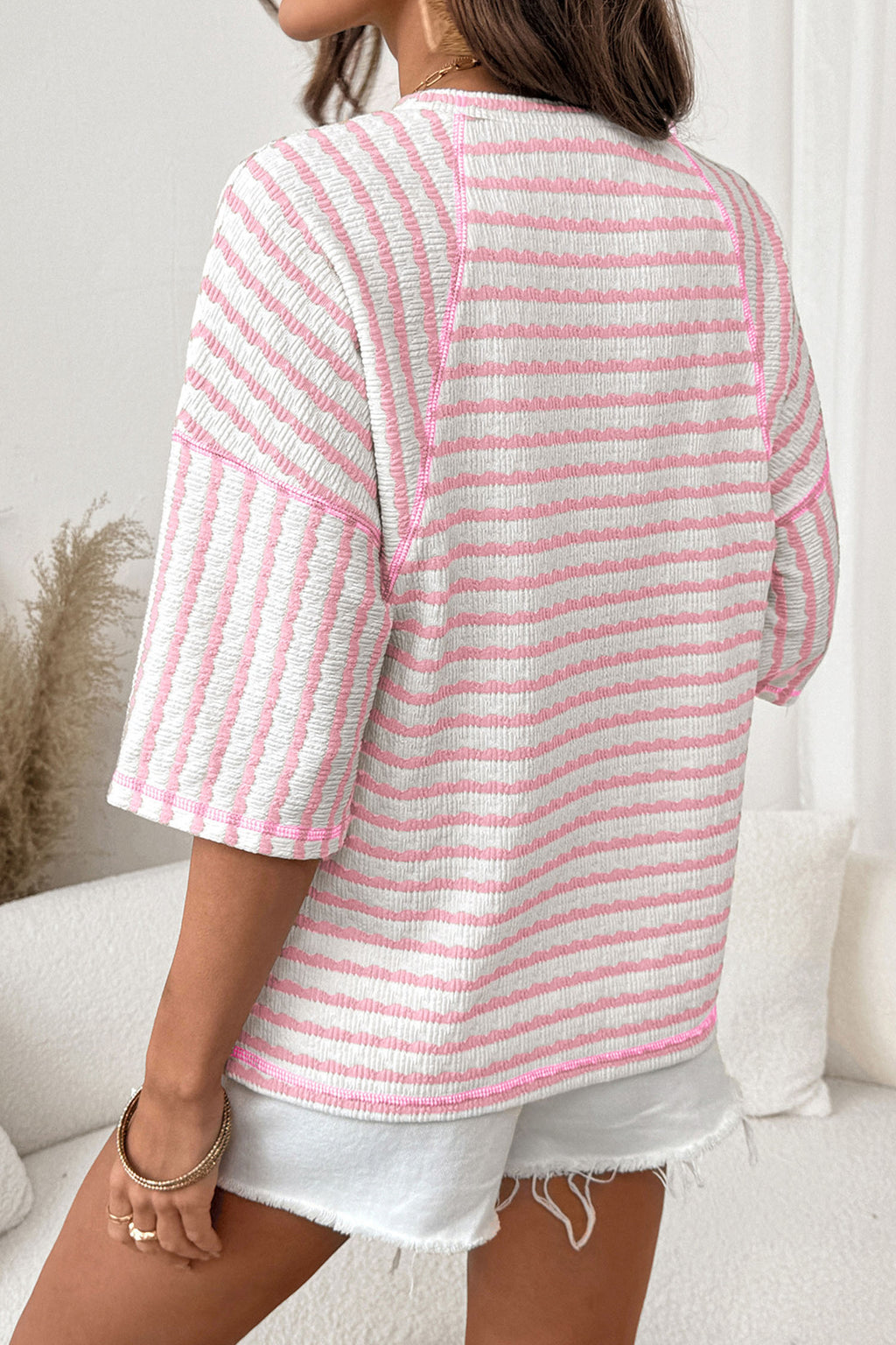 Pink Stripe Textured Knit Split Hem Half Sleeve Loose Top