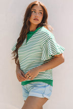 Parchment Contrast Detail Striped Ruffle Short Sleeve Top