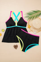 Black Floral Textured Neon Trim V Neck Crisscross Backless Tankini Set