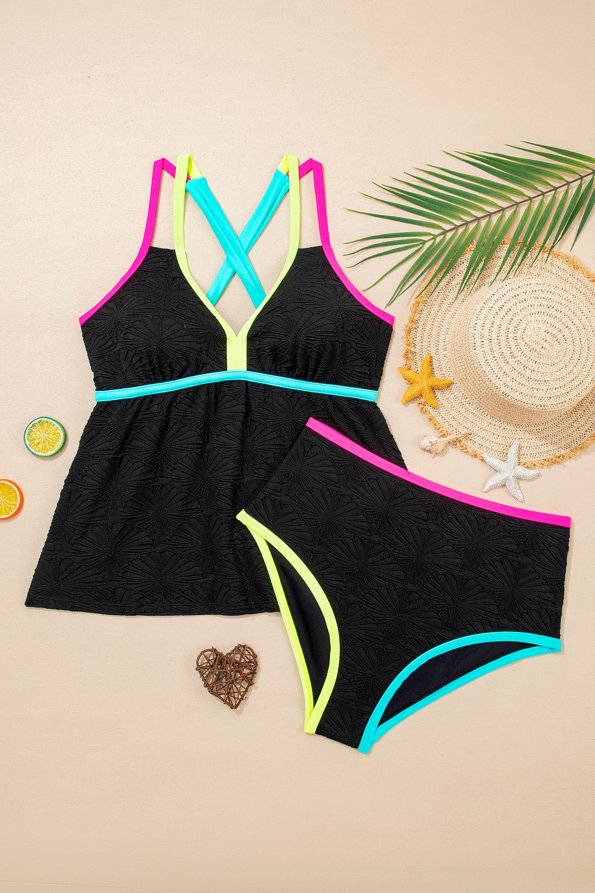 Black Floral Textured Neon Trim V Neck Crisscross Backless Tankini Set
