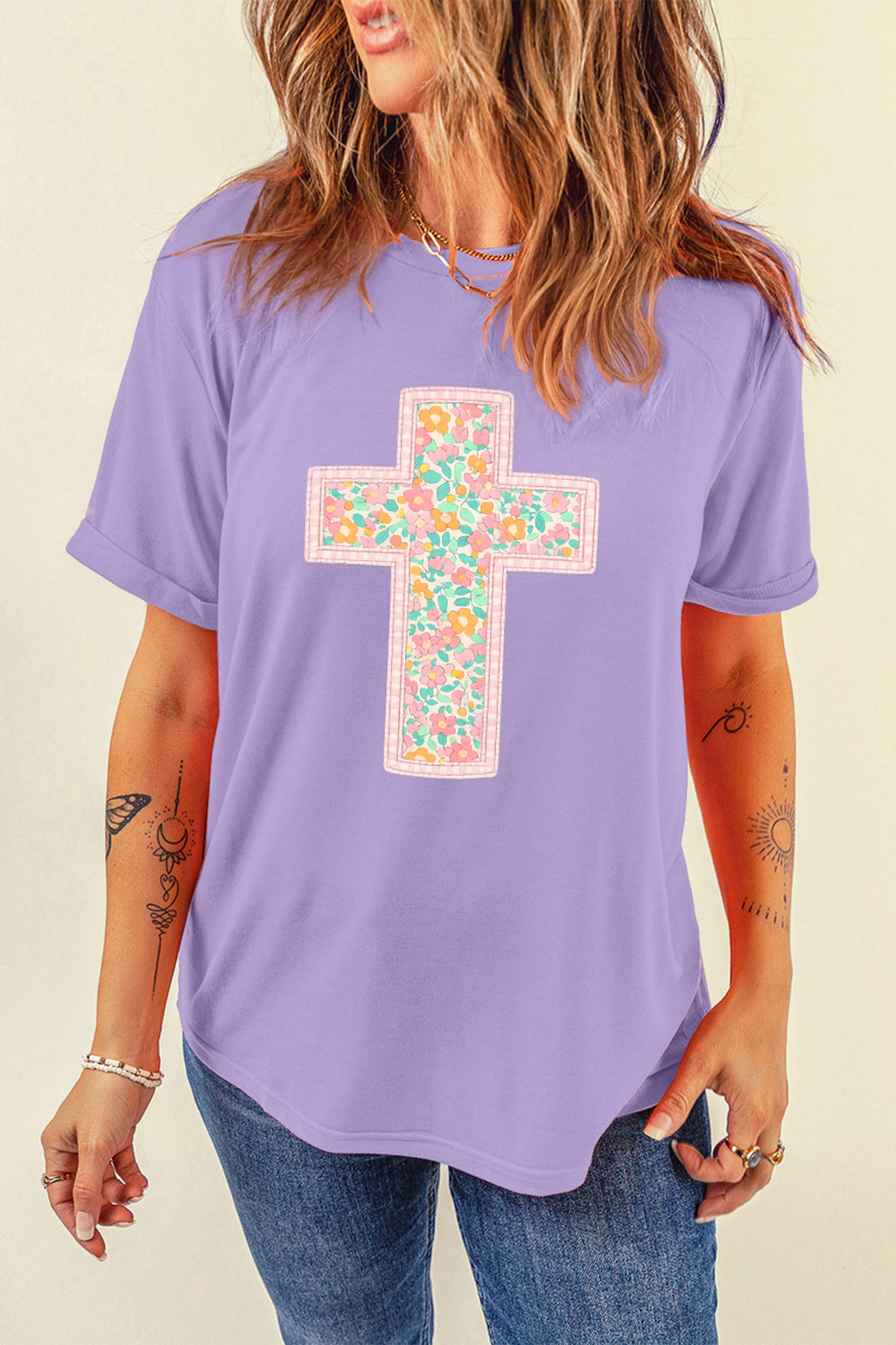 Wisteria Easter Floral Cross Christian Casual Tee