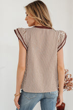 Khaki Stripe Double Ruffled Short Sleeve V Neck Blouse