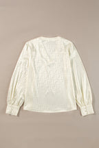 Oatmeal Geometric Jacquard V Neck Bishop Sleeve Blouse