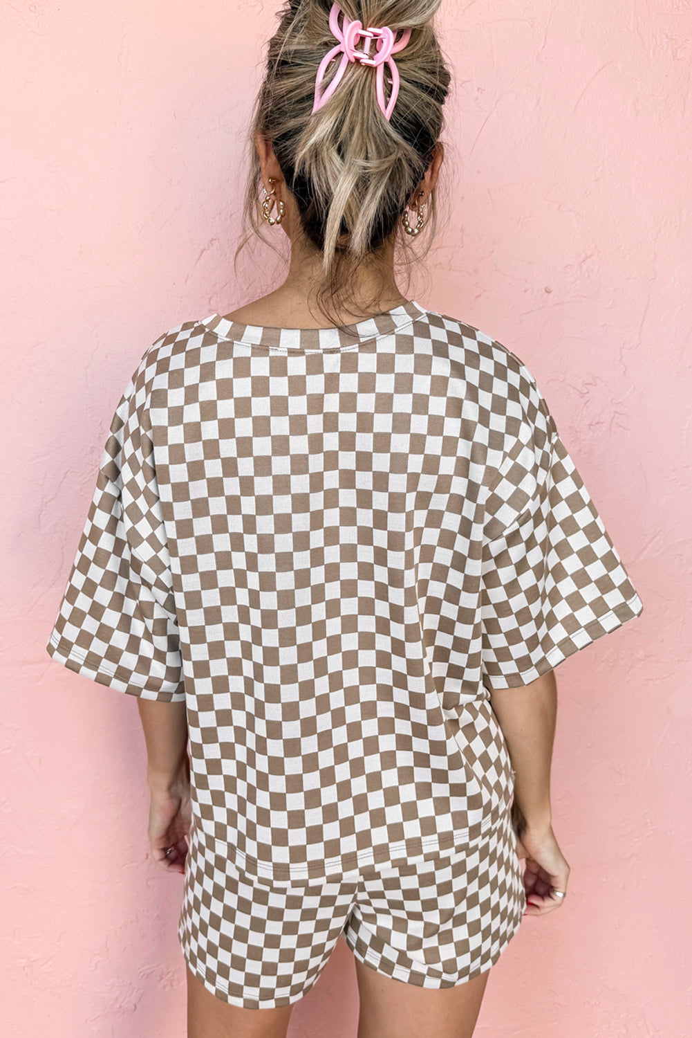 Brown Checkered Top and Short Casual 2pcs Set
