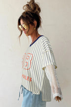 Blue Stripe 88 LOS ANGEL Graphic Lace Patchwork Faux Two Piece V Neck Top