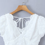 Simple Solid Color Embroidered Back Zipper Puff Sleeve V-Neck Top for Women