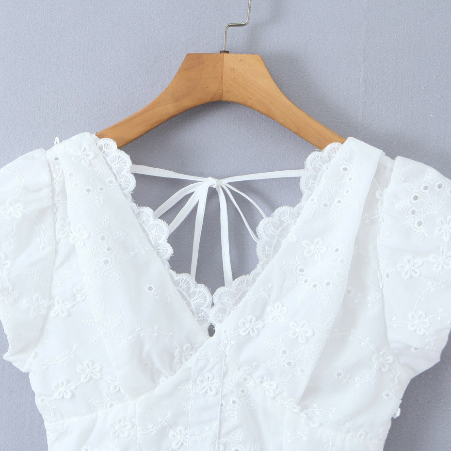 Simple Solid Color Embroidered Back Zipper Puff Sleeve V-Neck Top for Women