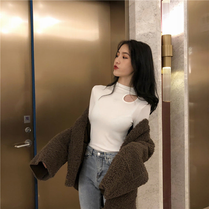 Chic Fitted Inner Top with Neckline Detail, Long Sleeve T-Shirt, Ribbed Mock Neck Base Layer for Women