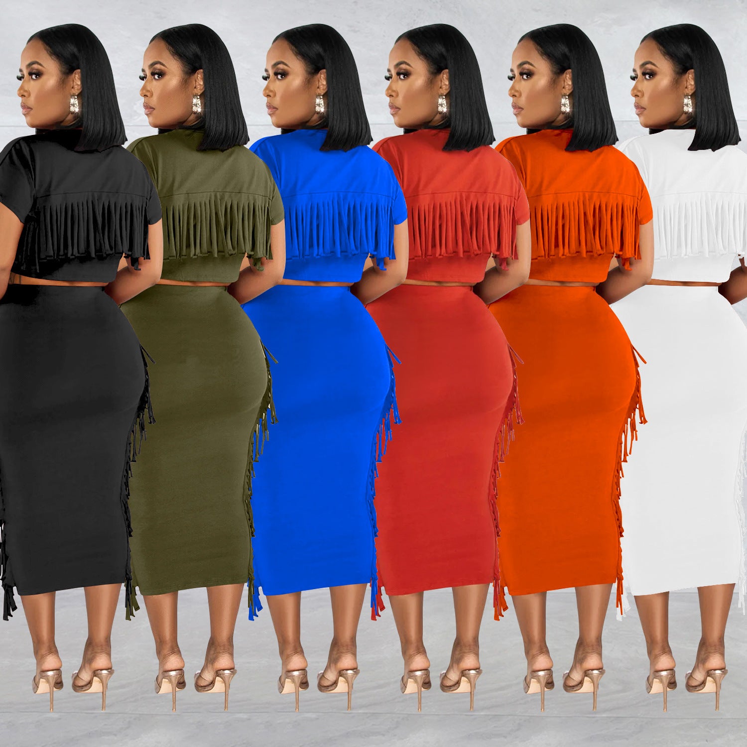 FashionableStyle Solid Color Fringe Round Neck Short Sleeve Long Dress Two-Piece Set