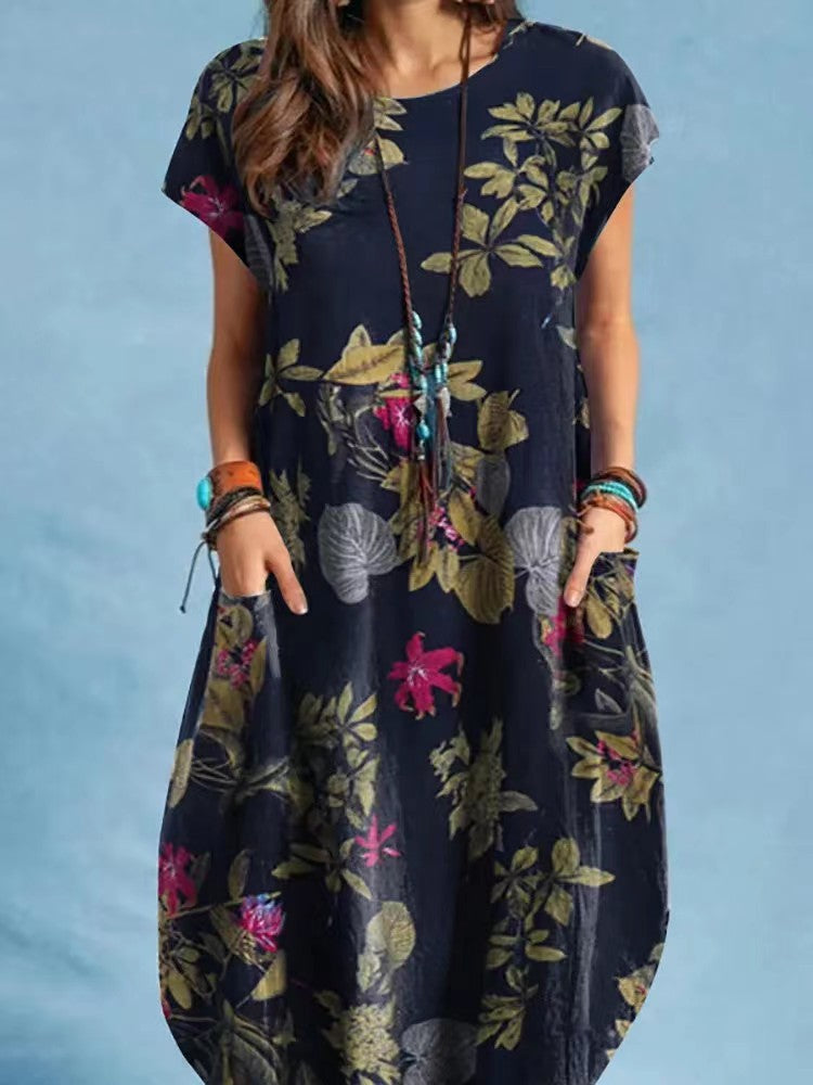 Style Printed Cap Sleeve Round Neck Patch Pocket A-line Dress