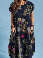 Style Printed Cap Sleeve Round Neck Patch Pocket A-line Dress