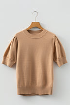 Light French Beige Solid Color Knit Short Puff Sleeve Sweater