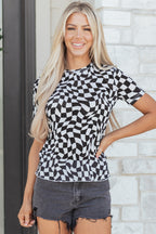 Khaki Checkered Print Crew Neck Mesh T Shirt