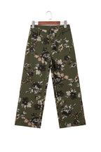 Green Vintage Floral Print Square Patch Pocket Raw Hem Shift Jeans