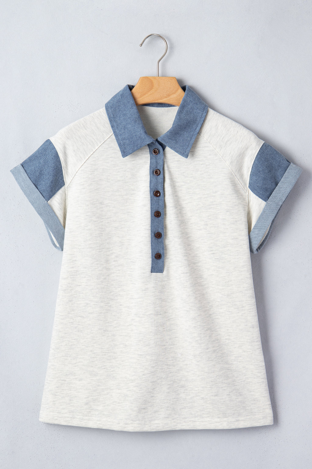 Light Grey Denim Color Block Patchwork Shirt Collar Short Sleeve Blouse