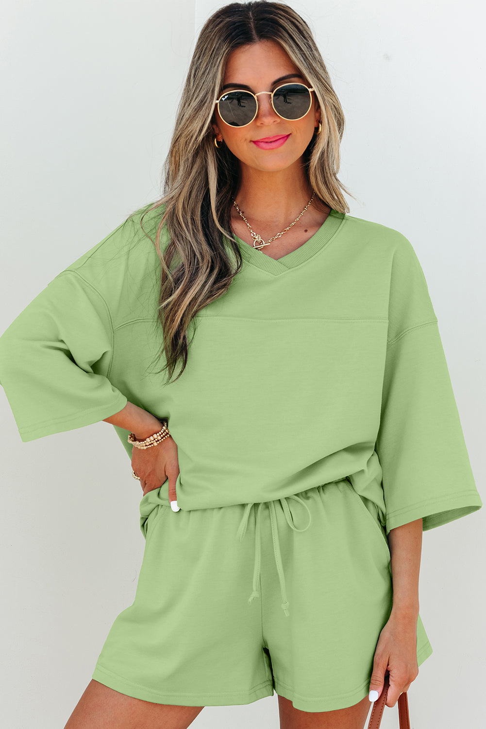 Meadow Mist Green Solid Loose V Neck Half Sleeve Tee and Shorts