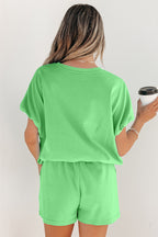 Light Blue Solid Color Puffy Loose Top Drawstring Shorts 2pcs Outfit
