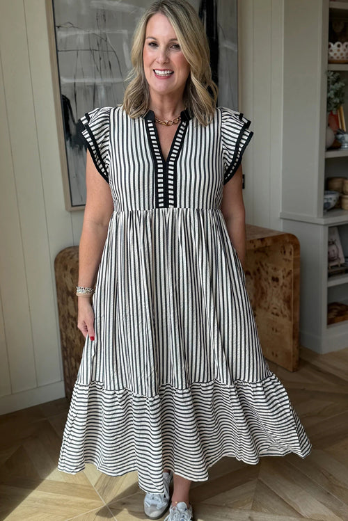 Black Stripe Double Ruffled Short Sleeve Contrast Trim V Neck Midi Dress