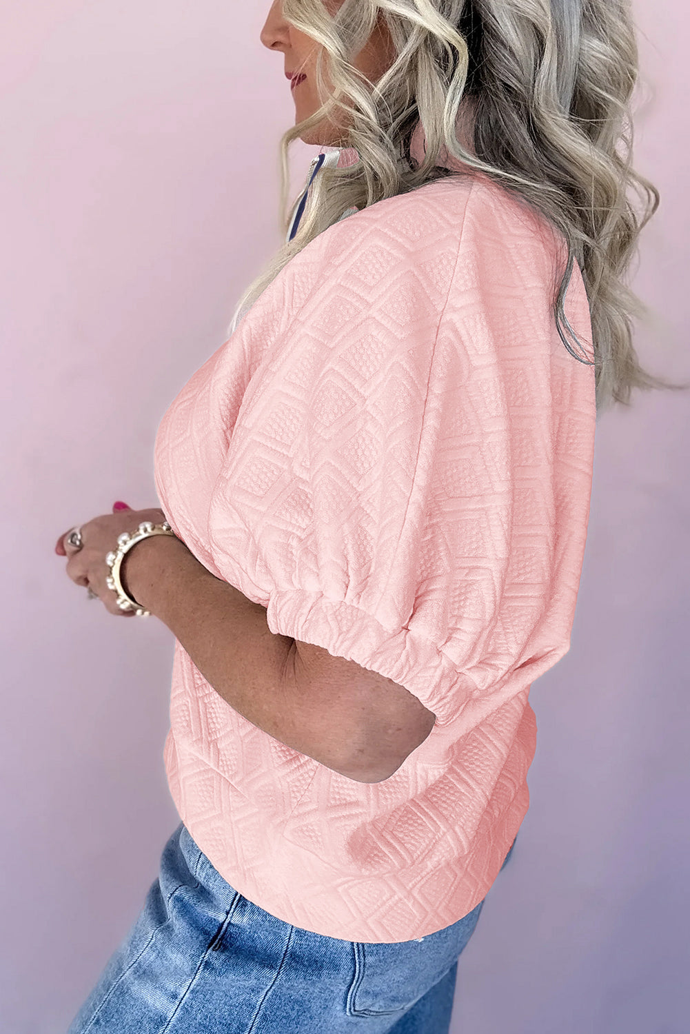 Light Pink Contrast Striped Collar Patchwork Textured Half Sleeve Blouse