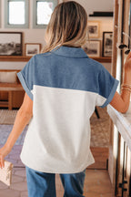 Light Grey Color Block Denim Patchwork Button Polo Collar Short Sleeve Top