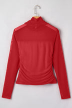 Coffee Sheer Mesh Patchwork High Neck Long Sleeve Top