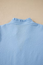 Beau Blue Flower Embroidered Puff Sleeve Split Neck Textured Blouse