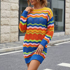 Lady's Dress Rainbow Pattern Woven Color-Blocked Stripe Pullover Knit Dress