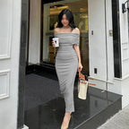 One-Shoulder Pleated Dress, Slim Fit, Bodycon, Side Slit, Cocktail Dress Long Dress