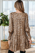 Khaki Leopard Print V Neck Ruffled Sleeve Tiered Loose Mini Dress