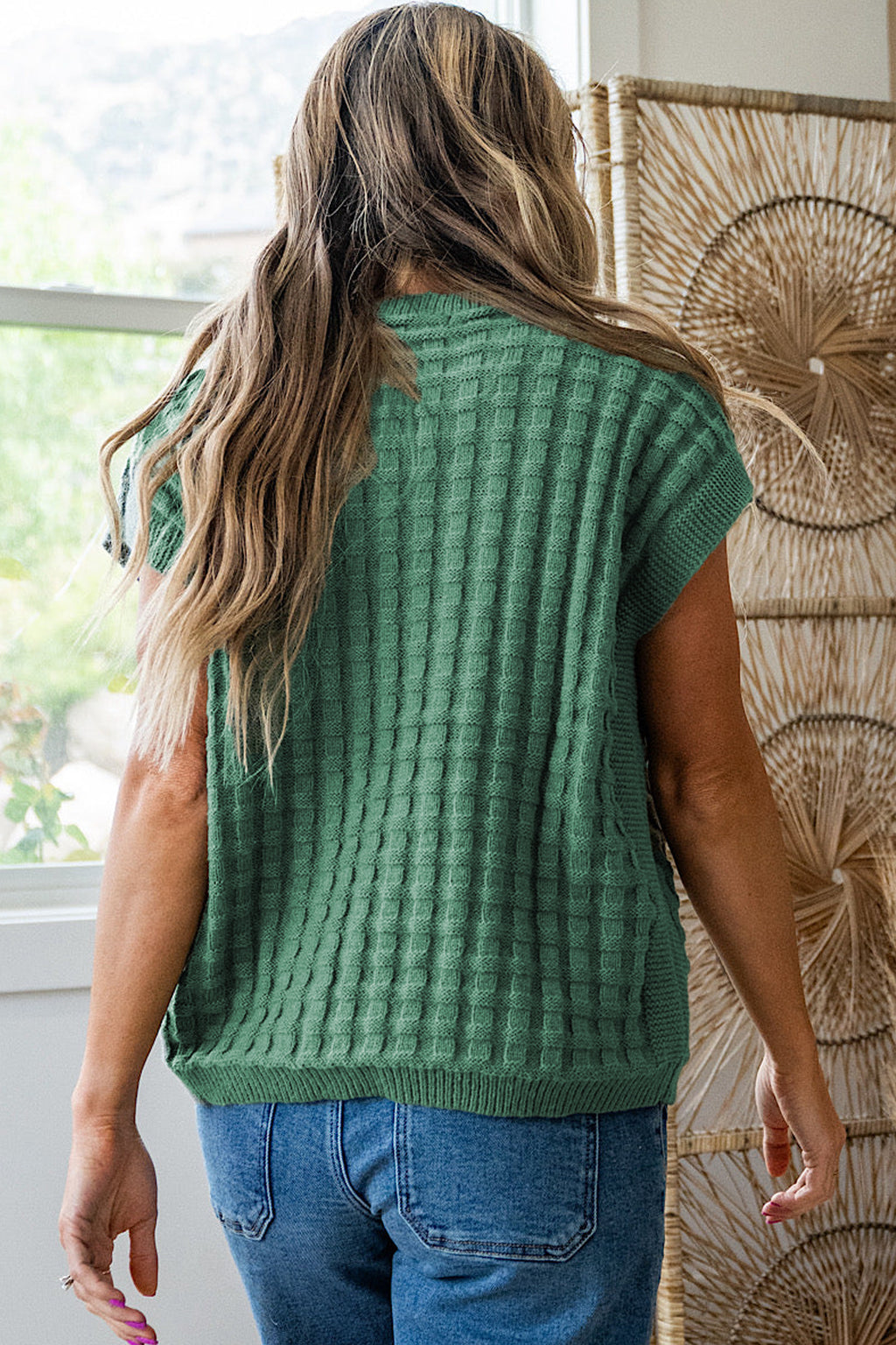 Mist Green Solid Color Round Neck Textured Short Sleeve Sweater
