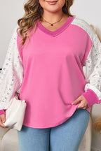 Bonbon Lace Striped Patchwork Long Sleeve Corded V Neck Plus Size Top