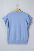 Sachet Pink Solid Color Ribbed Trim Round Neck Ruffle Short Sleeve Sweater