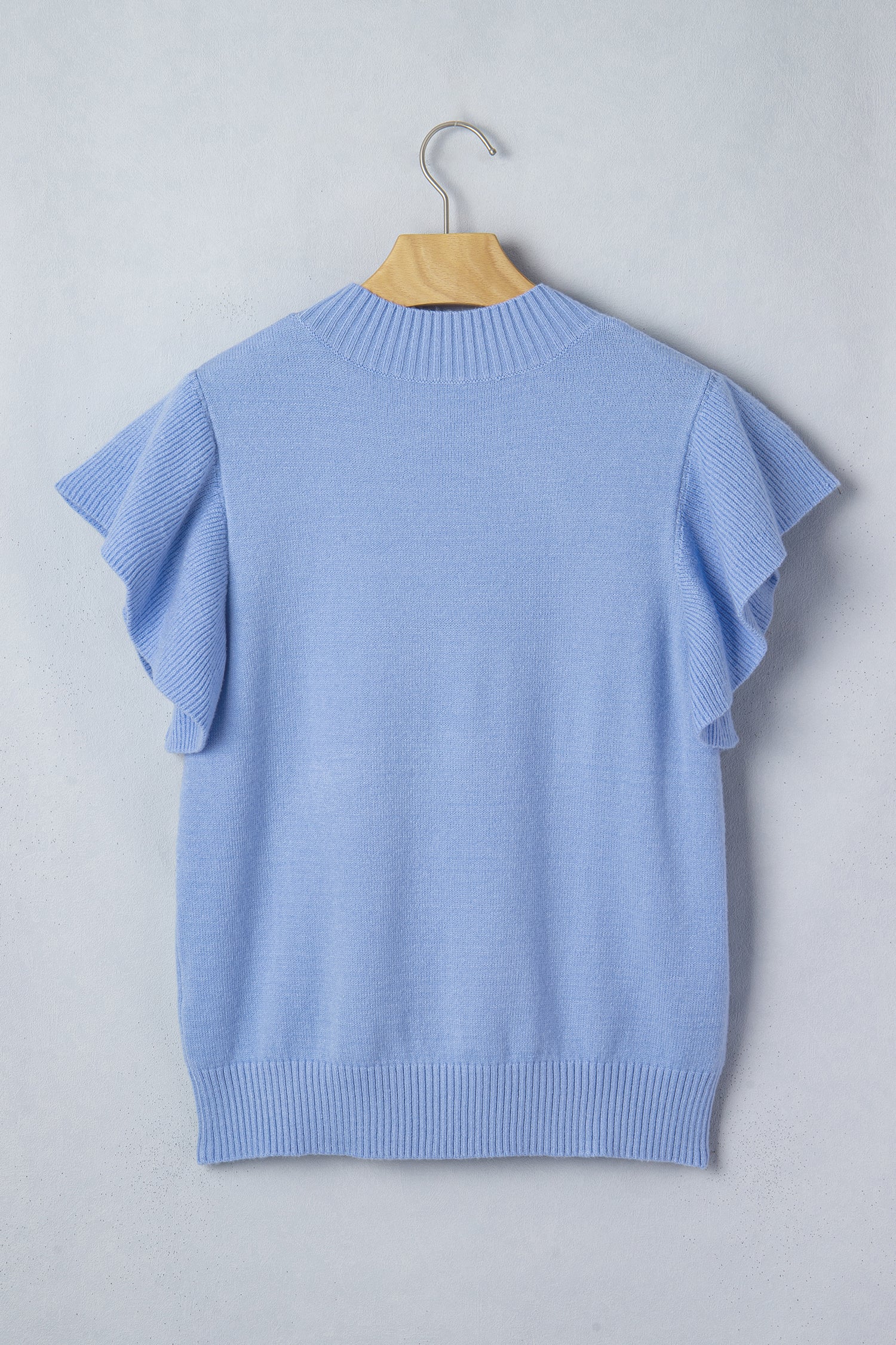 Sachet Pink Solid Color Ribbed Trim Round Neck Ruffle Short Sleeve Sweater